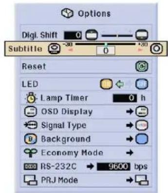 Options Digi Shift 0 Subtitle 30 0 30 Reset LED Lamp Timer 0 h OSD Display Signal Type Background Economy Mode RS-232C 9600 bps PRJ Mode