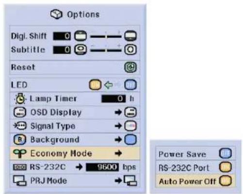 Options Digl. Shift 0 Subtitle 0 Reset LED Lamp Timer 0 h OSD Display Signal Type Background Economy Mode RS-232C → 9600 bps PRJ Mode Power Save RS-232C Port Auto Power Off