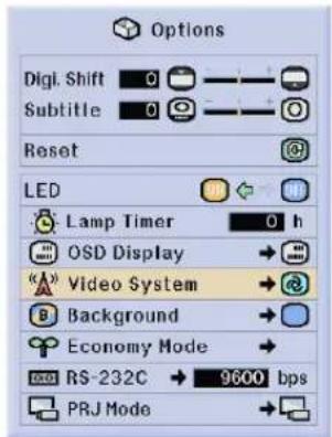 Options Digi. Shift Subtitle Reset LED Lamp Timer OSD Display Video System Background Economy Mode RS-232C → 9600 bps PRJ Mode