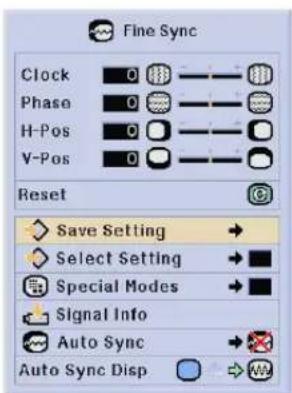Fine Sync Clock 0 Phase 0 H-Pos 0 V-Pos 0 Reset Save Setting → Select Setting → Special Modes → Signal Info Auto Sync → Auto Sync Disp →