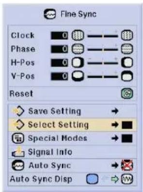 Fine Sync Clock 0 Phase 0 H-Pos 0 V-Pos 0 Reset Save Setting → Select Setting → Special Modes → Signal Info Auto Sync → Auto Sync Disp →