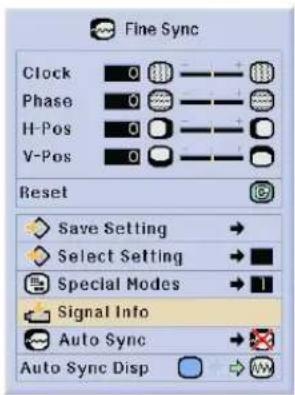 Fine Sync Clock 0 Phase 0 H-Pos 0 V-Pos 0 Reset Save Setting → Select Setting → Special Modes → Signal Info Auto Sync → Auto Sync Disp →