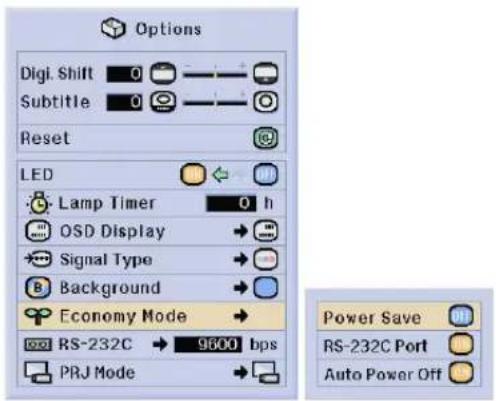 Options Digi. Shift 0 Subtitle 0 Reset LED Lamp Timer 0 h OSD Display Signal Type Background Economy Mode RS-232C → 9600 bps PRJ Mode Power Save RS-232C Port Auto Power Off