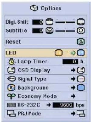 Options Digi. Shift 0 Subtitle 0 Reset LED Lamp Timer 0 h OSD Display Signal Type Background Economy Mode RS-232C → 9600 bps PRJ Mode