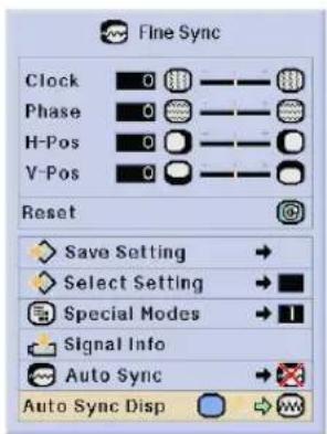 Fine Sync Clock 0 Phase 0 H-Pos 0 V-Pos 0 Reset Save Setting → Select Setting → Special Modes → Signal Info Auto Sync → Auto Sync Disp →