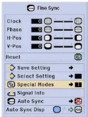 Fine Sync Clock 0 Phase 0 H-Pos 0 V-Pos 0 Reset Save Setting → Select Setting → Special Modes → Signal Info Auto Sync → Auto Sync Disp