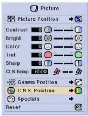Picture Picture Position → S Contrast 0 —— Bright 0 —— Color 0 —— Tint 0 —— Sharp 0 —— CLR Temp 8500 Gamma Position → C.M.S. Position → Specials → Reset