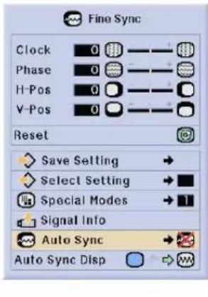 Fine Sync Clock 0 Phase 0 H-Pos 0 V-Pos 0 Reset Save Setting → Select Setting → Special Modes → 1 Signal Info Auto Sync → Auto Sync Disp ↕