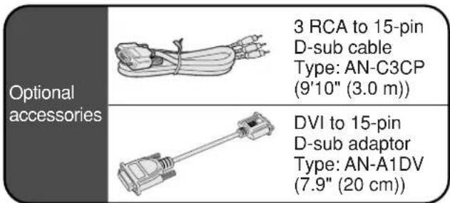 Optional accessories 3 RCA to 15-pin D-sub cable Type: AN-C3CP (9'10" (3.0 m)) DVI to 15-pin D-sub adaptor Type: AN-A1DV (7.9" (20 cm))