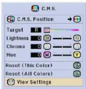 C.M.S. C.M.S. Position Target R Lightness 0 Chroma 0 Hue 0 M Reset (This Color) Reset (All Colors) View Settings