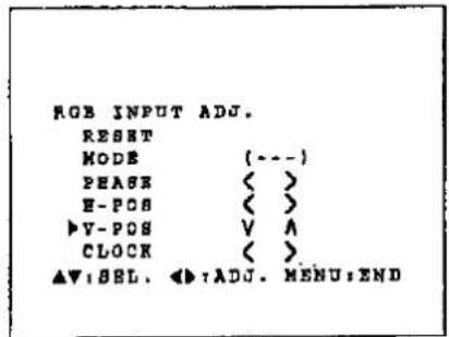 RGB INPUT ADJ. RESET MODE (---) PEASE < > E-POS < > V-POS V A CLOCK < > ▲V:SEL. ◀T:ADJ. MENU:END