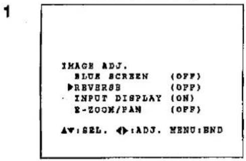 1 IMAGE ADJ. BLUE SCREEN (OFF) ▶REVERSE (OFF) ·INPUT DISPLAY (ON) E-ZOOM/PAN (OFF) ▲▼:SEL. ▶:ADJ. MENU:END