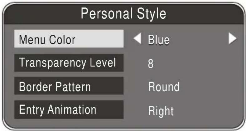 Personal Style Menu Color Transparency Level Border Pattern Entry Animation Blue 8 Round Right