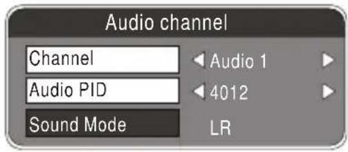 Audio channel Channel Audio PID Sound Mode Audio 1 4012 LR