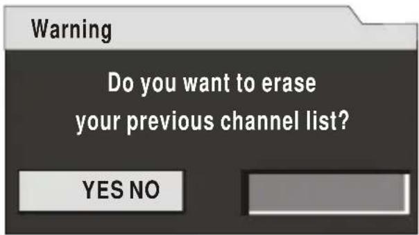 Warning Do you want to erase your previous channel list? YES NO