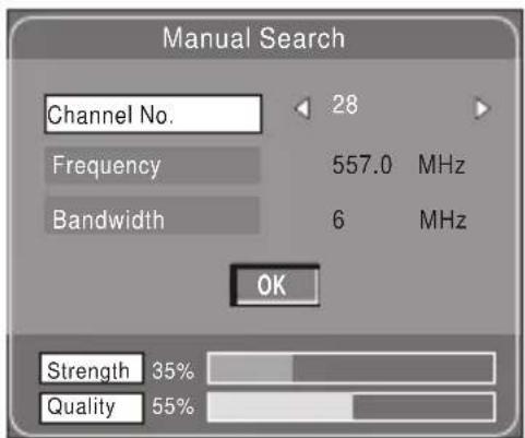 Manual Search Channel No. 28 Frequency 557.0 MHz Bandwidth 6 MHz OK Strength 35% Quality 55%