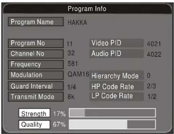 Program Info Program Name HAKKA Program No 11 Video PID 4021 Channel No 32 Audio PID 4022 Frequency 581 Modulation QAM16 Hierarchy Mode 0 Guard Interval 1/4 HP Code Rate 2/3 Transmit Mode 8k LP Code Rate 1/2 Strength 17% Quality 67%