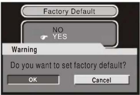 Factory Default NO YES Warning Do you want to set factory default? OK Cancel