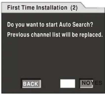 First Time Installation (2) Do you want to start Auto Search? Previous channel list will be replaced. BACK NOVES