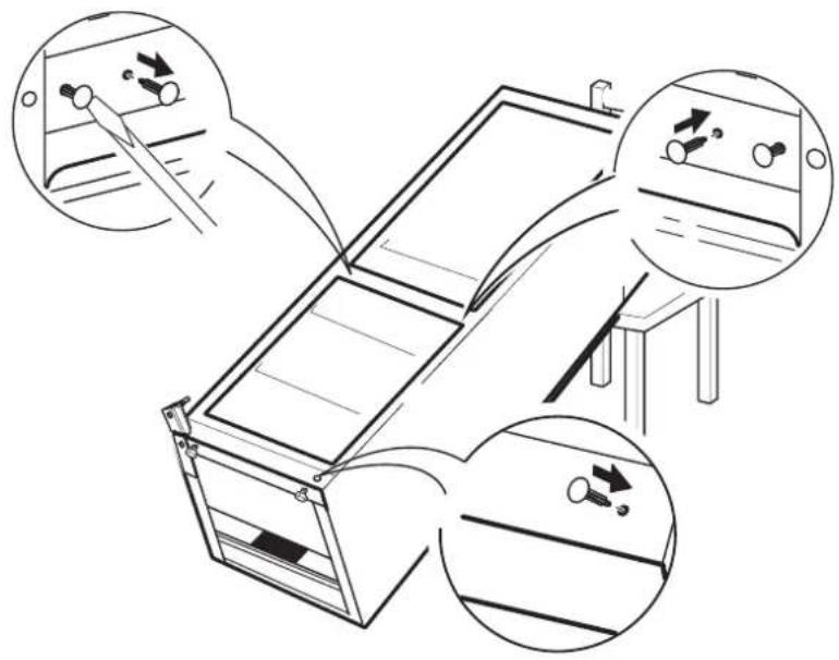 Diagram illustrating a folding table with labeled parts and directional arrows indicating movement or force directions.