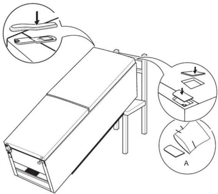 Technical diagram showing a mechanical device with labeled parts and assembly steps, including zoomed-in views and component details.