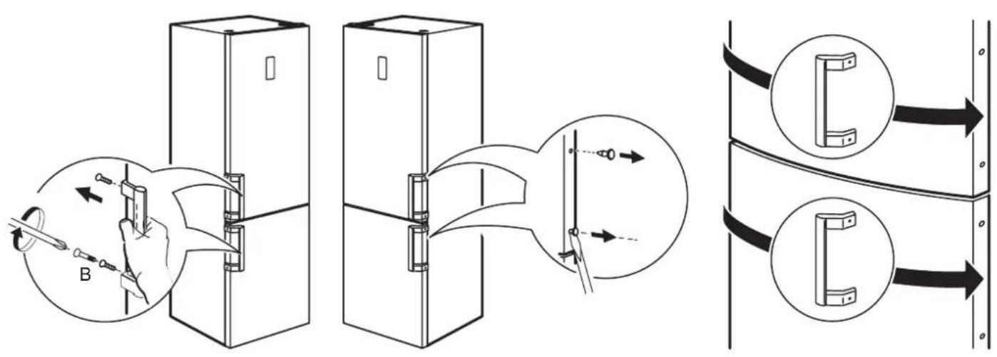 Diagram illustrating the process of inserting a device into a refrigerator, with labeled parts and directional arrows.