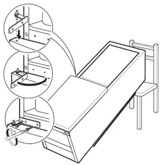 Technical diagram showing mechanical assembly with three circular insets illustrating different components of a device.