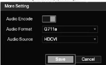 More Setting Audio Encode Audio Format G711a Audio Source HDCVI Save Cancel