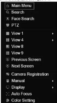 Main Menu Search Face Search PTZ View 1 View 4 View 8 View 9 Previous Screen Next Screen Camera Registration Manual Display Auto Focus Color Setting