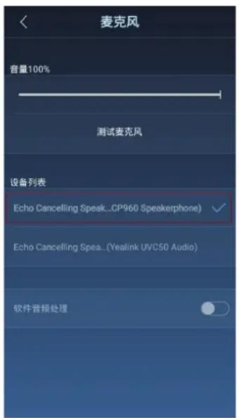 麦克风 音量100% 测试麦克风 设备列表 Echo Cancelling Speak...CP960 Speakerphone) ✓ Echo Cancelling Spea... (Yealink UVC50 Audio) 软件音频处理