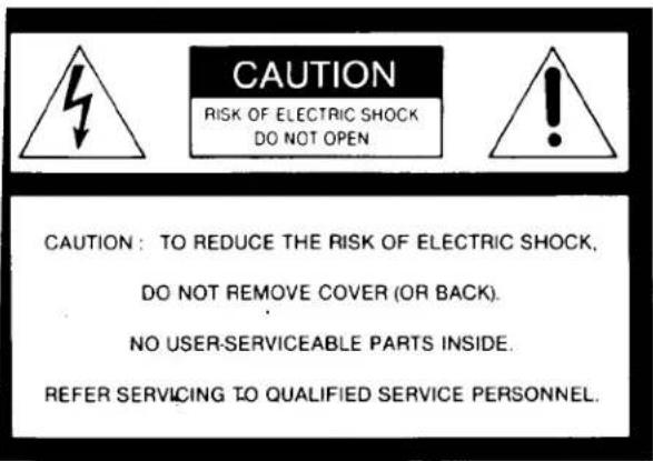 CAUTION RISK OF ELECTRIC SHOCK DO NOT OPEN CAUTION: TO REDUCE THE RISK OF ELECTRIC SHOCK, DO NOT REMOVE COVER (OR BACK). NO USER-SERVICEABLE PARTS INSIDE. REFER SERVICING TO QUALIFIED SERVICE PERSONNEL.