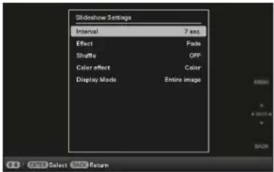 Slideshow Settings: Interval 7 sec., Effect Fade, Shuffle OFF, Color effect Color, Display Mode Entire image. ENTER Select, BACK Return.