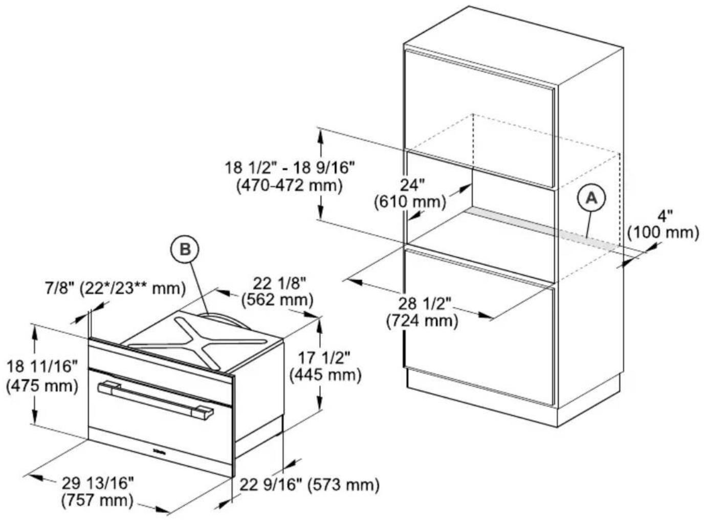 MIELE H 6870 BM - Appliance and cut-out dimensions - 1