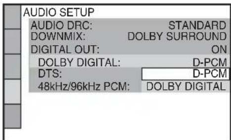 AUDIO SETUP AUDIO DRC: STANDARD DOWNMIX: DOLBY SURROUND DIGITAL OUT: ON DOLBY DIGITAL: D-PCM DTS: D-PCM 48kHz/96kHz PCM: DOLBY DIGITAL