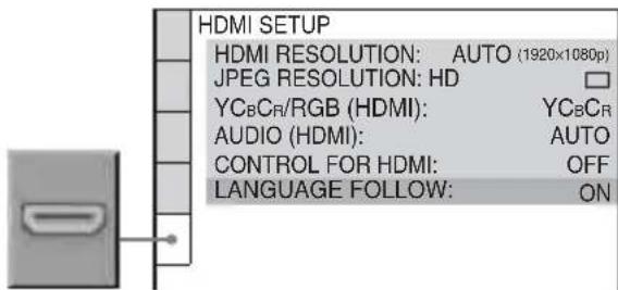 HDMI SETUP HDMI RESOLUTION: AUTO (1920x1080p) JPEG RESOLUTION: HD YCBCR/RGB (HDMI): YCBCR AUDIO (HDMI): AUTO CONTROL FOR HDMI: OFF LANGUAGE FOLLOW: ON