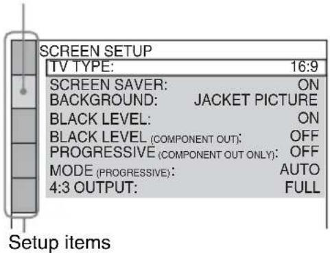 SCREEN SETUP TV TYPE: 16:9 SCREEN SAVER: ON BACKGROUND: JACKET PICTURE BLACK LEVEL: ON BLACK LEVEL (COMPONENT OUT): OFF PROGRESSIVE (COMPONENT OUT ONLY): OFF MODE (PROGRESSIVE): AUTO 4:3 OUTPUT: FULL Setup items