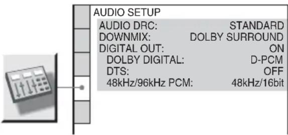 AUDIO SETUP AUDIO DRC: STANDARD DOWNMIX: DOLBY SURROUND DIGITAL OUT: ON DOLBY DIGITAL: D-PCM DTS: OFF 48kHz/96kHz PCM: 48kHz/16bit