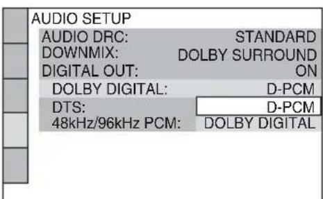 AUDIO SETUP AUDIO DRC: STANDARD DOWNMIX: DOLBY SURROUND DIGITAL OUT: ON DOLBY DIGITAL: D-PCM DTS: D-PCM 48kHz/96kHz PCM: DOLBY DIGITAL