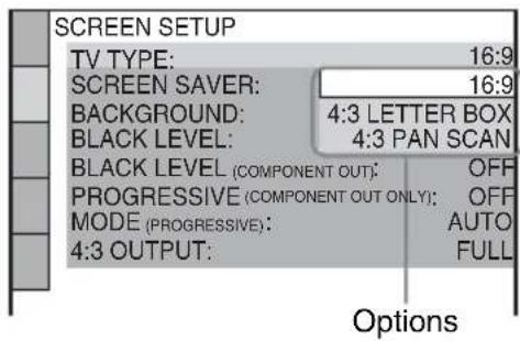 SCREEN SETUP TV TYPE: 16:9 SCREEN SAVER: 16:9 BACKGROUND: 4:3 LETTER BOX BLACK LEVEL: 4:3 PAN SCAN BLACK LEVEL (COMPONENT OUT): OFF PROGRESSIVE (COMPONENT OUT ONLY): OFF MODE (PROGRESSIVE): AUTO 4:3 OUTPUT: FULL Options