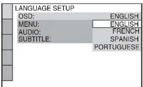 LANGUAGE SETUP OSD: ENGLISH MENU: ENGLISH AUDIO: FRENCH SUBTITLE: SPANISH PORTUGUESE