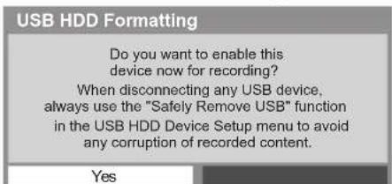 PANASONIC Viera TX-P50VT50J - Confirmation to enable USB HDD for recording - 1