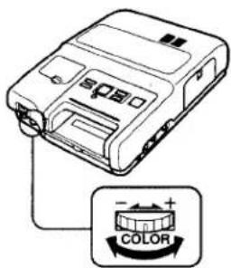 Diagram of a device with labeled buttons and a color adjustment knob, showing directional arrows.
