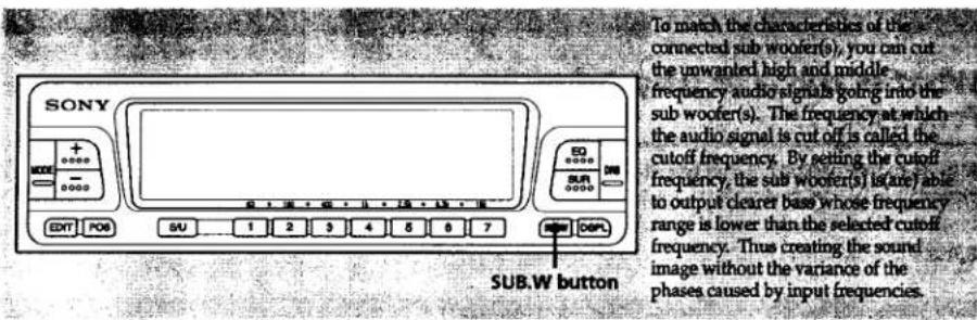 SONY ED SUBW button To match the characteristics of the connected sub wooer(s), you can cut the unwanted high and middle frequency audio signals going into the sub wooer(s). The frequency at which the audio signal is cut off is called the cutoff frequency. By setting the cutoff frequency, the sub wooer(s) is(are) able to output clearer base whose frequency range is lower than the selected cutoff frequency. Thus creating the sound image without the variance of the phases caused by input frequencies.