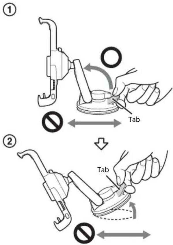 Diagram illustrating two-step manual tool manipulation: step 1 shows tool positioning with a wrench, step 2 shows tool disassembly with a tab and no arrow indicating rotation.
