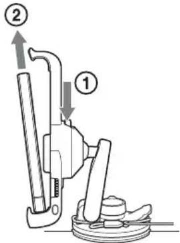 Technical diagram of a mechanical device with labeled parts ① and ②, showing directional arrows and components.