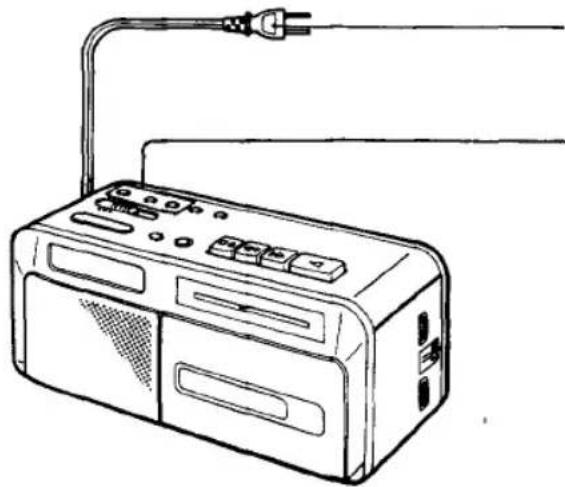 Strichzeichnung eines tragbaren Radios mit angeschlossener Steckdose (kein Text oder Symbole)