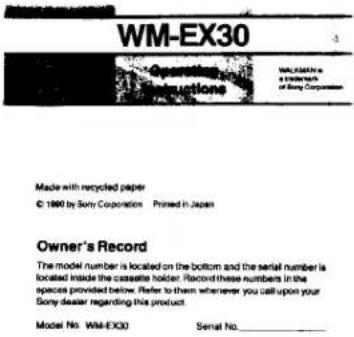 SONY Walkman WM-EX30 - Specifications - 1