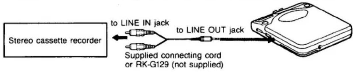 Stereo cassette recorder to LINE IN jack to LINE OUT jack Supplied connecting cord or RK-G129 (not supplied)