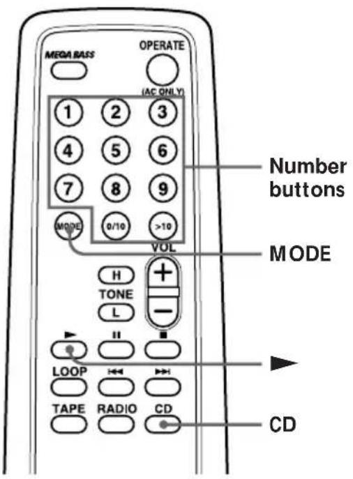 MEGA BASS OPERATE (AC ONLY) 1 2 3 4 5 6 7 8 9 MODE 0/10 >10 VOL Number buttons MODE H + TONE - L LOOP TAPE RADIO CD CD