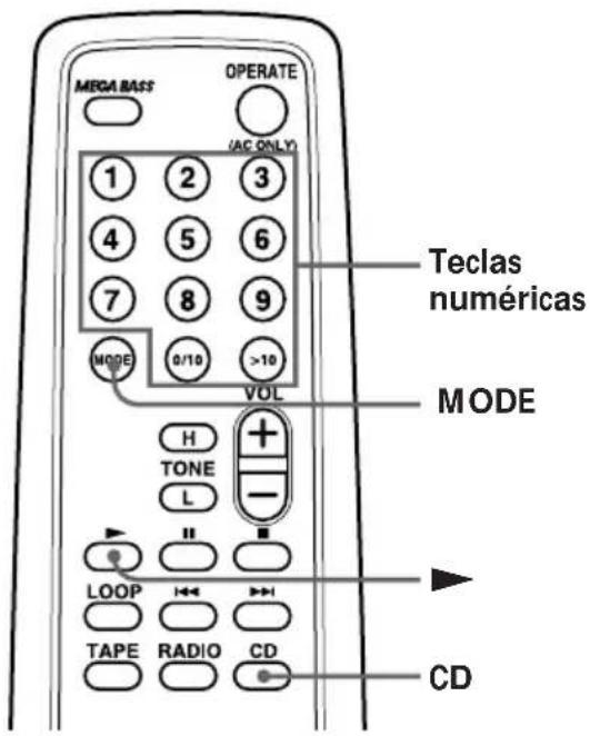 MEGA BASS OPERATE (AC ONLY) 1 2 3 4 5 6 7 8 9 MODE 0/10 >10 VOL H TONE L + - LOOP TAPE RADIO CD Teclas numéricas MODE CD